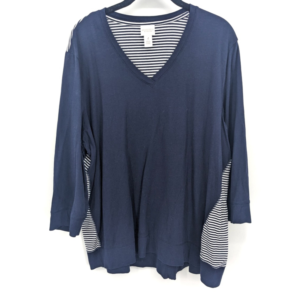 Weekends by Chicos Sweater Womens XXL Navy Blue Striped V Neck Pullover‎ Top